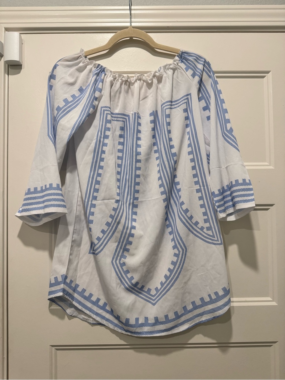 Cupshe White Off-Shoulder Tunic Cover Up with Light Blue Embroidery